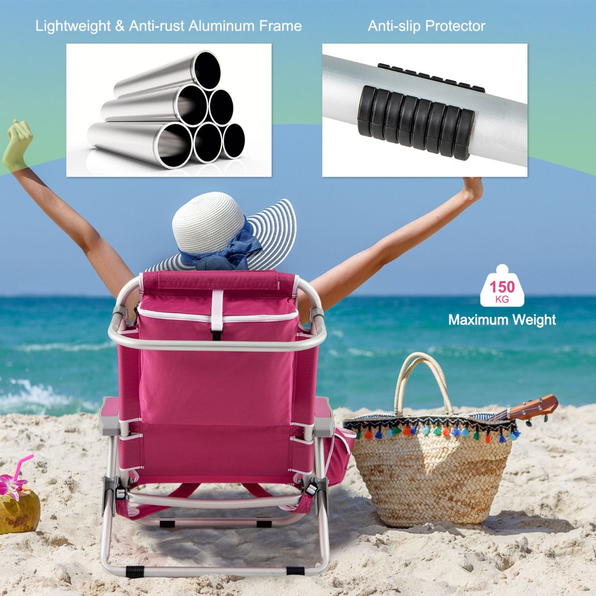 Coast Beach Chair Verstellbare Rückenlehne 5-Positionen faltbare Liege mit Becherhalter und Staufächern Rosa 66x65x78 cm - 2 Stück
