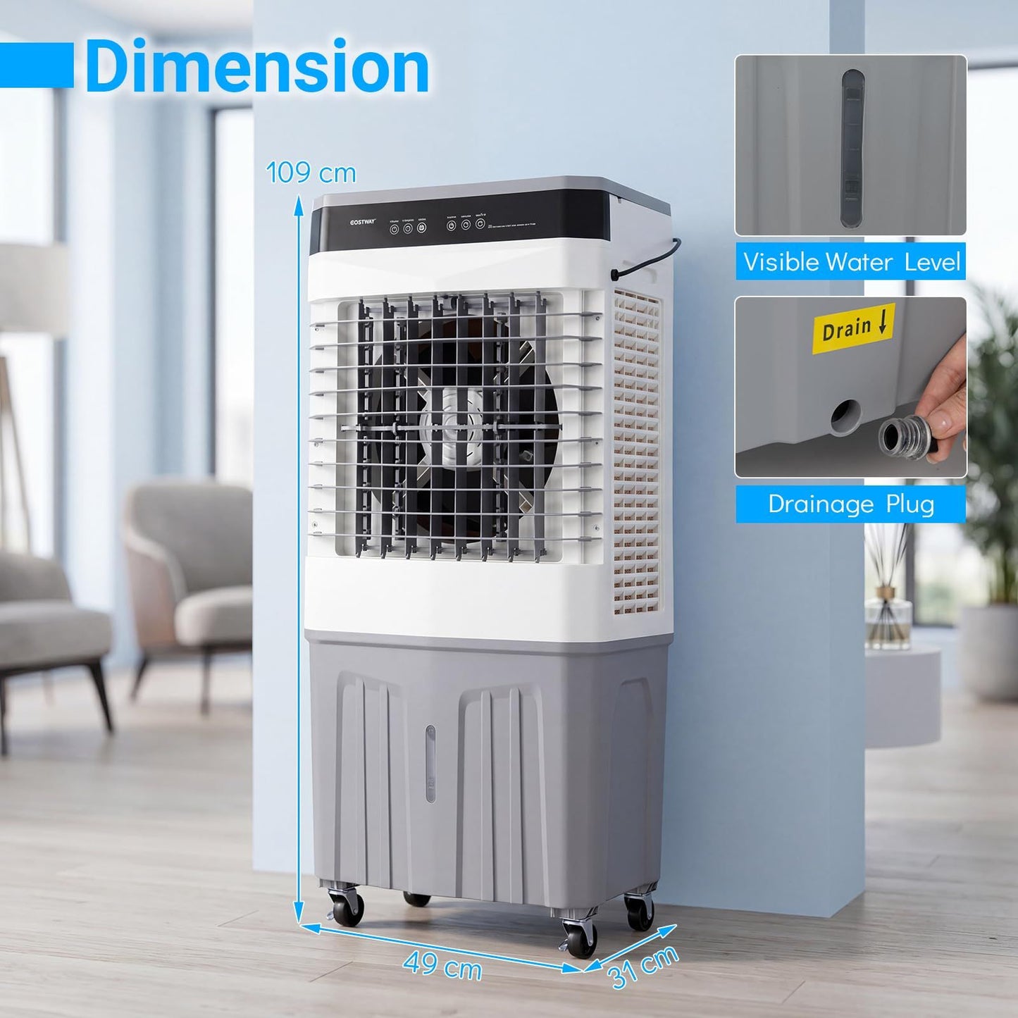 Coast tragbarer Ventilator und Luftkühler mit Fernbedienung – 27 l Wassertank – 3 Geschwindigkeitsstufen – 49 x 31 x 109 cm – Weiß/Grau