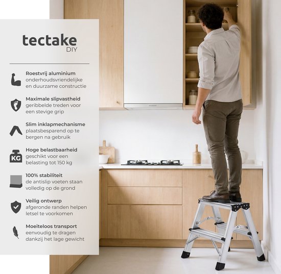tectake® Doppelseitige Aluminium-Küchenleiter – 2 Sprossen – 38,5 cm – Stabile Leiter – Zusammenklappbare Trittleiter – Rutschfeste Haushaltsleiter