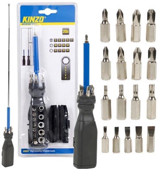 Kinzo Multibit-Schraubendreher - Multi-Schraubendreher - mit Bits und Steckschlüsselsatz - Teleskopmagnet - 20-teilig