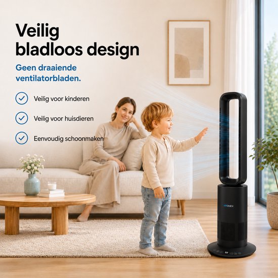 Aironex Kabelloser Ventilator Schwarz – Energieeffizienter Luftkühler – Luftkühler mit Schwenkfunktion – Heizen und Kühlen in einem – Ventilatoren – Tischventilator – Standventilator