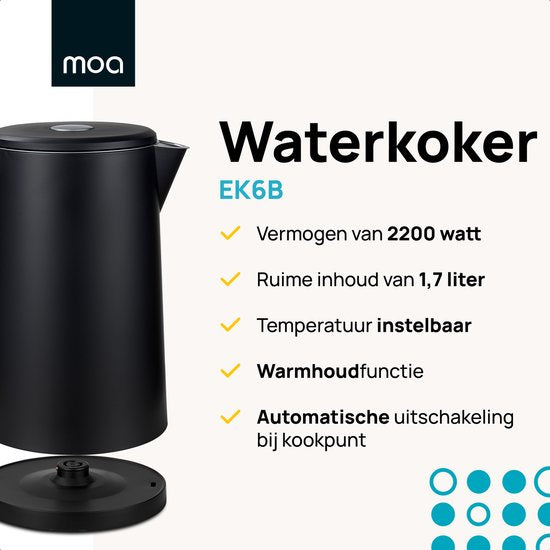 MOA Wasserkocher - Mit Temperaturkontrolle - 1,7 Liter - Doppelwandig - Warmhaltefunktion - Elektrisch - 2200W - Schwarz