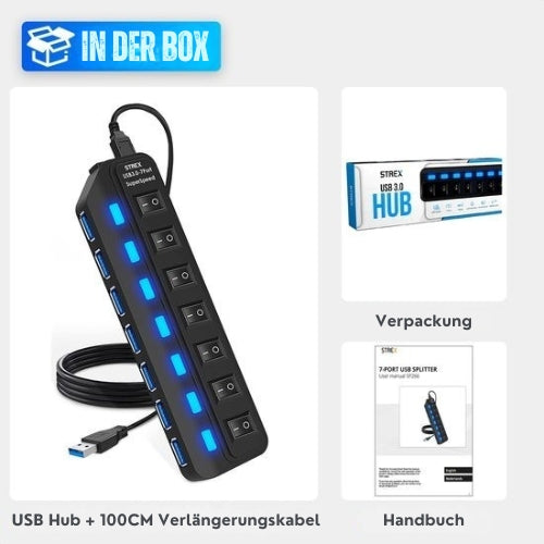 Strex - Mehrfachstecker - 7 Anschlüsse - USB 3.0 Hub - 10m - Schwarz
