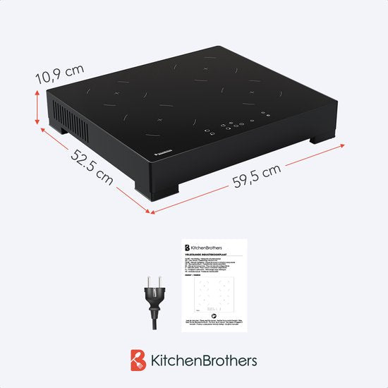 KitchenBrothers Induktionskochfeld - Freistehendes Induktionskochfeld - 60 cm - 4 Zonen - 1 Phase - bis zu 2400W - Schwarz
