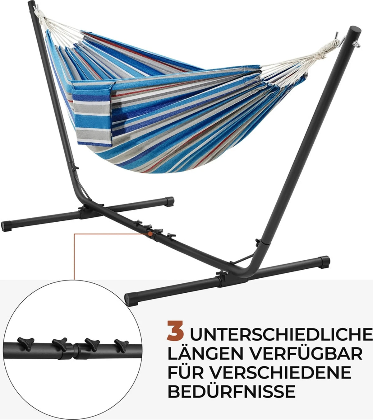 Camping-Hängematte mit Ständer für 2–3 Personen, verstellbar von 294 bis 314 cm, blau