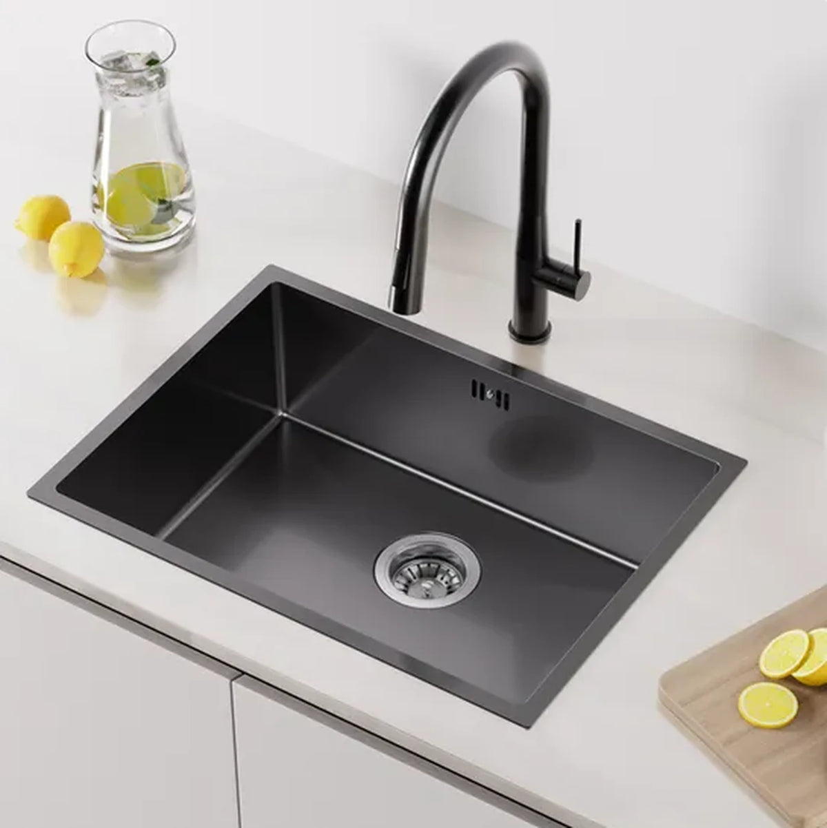 Auralum MAX Spülbecken aus Edelstahl 60 x 44 cm – Einbau, Aufsatz und Unterbau – Geräuschdämpfend mit Siphon – Dunkelgrau