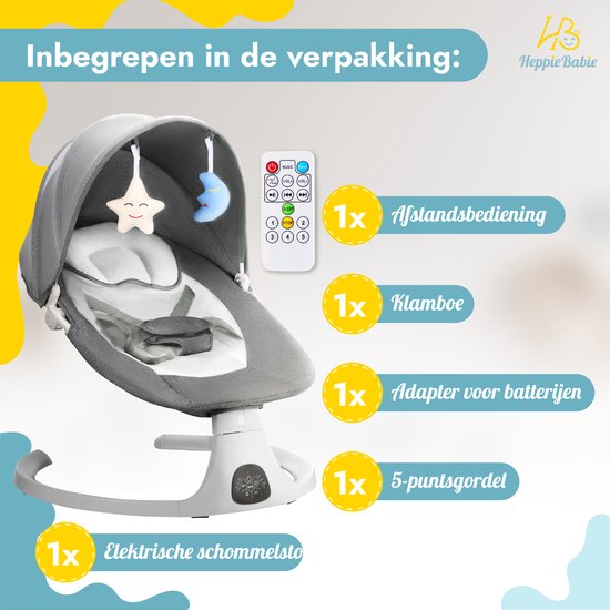 HeppieBabie Electric Rocker - Musik- und Schaukeloptionen - 5-Punkt-Gurt - Babyschaukel - Babyschaukel - Mit Ebook