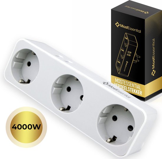 MostEssential Premium 5-in-1-Steckdosenleiste – Steckdosenverteiler – 3 Steckdosen & 2 USB-Anschlüsse – horizontal – weiß