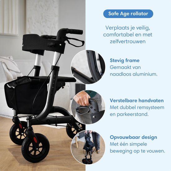 Safe Life Rollator – Zusammenklappbar – Leicht – Sitzfunktion – 61 x 70 x 85–99 cm – Gummiräder – Schwarz