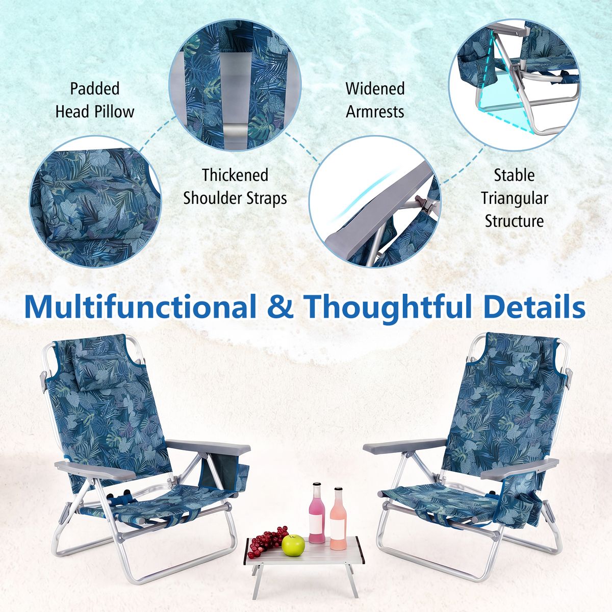 Coast Strandstuhl- und Tischset – 5-fach verstellbar – zusammenklappbar – blau – Set aus 2 Strandstühlen und einem Tisch