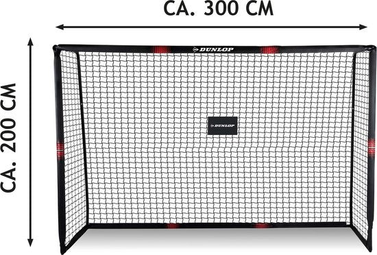 Dunlop Fußballtor - 300 x 200 x 120 cm  - Outdoor -  für Kinder und Erwachsene - schnelle Montage - Metall - Schwarz/Rot