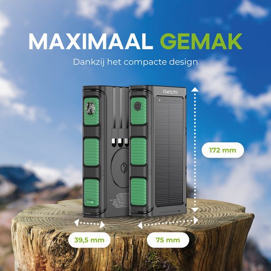 iSetchi Solar Powerbank 42800 mAh - Externer Akku - Notfallpaket - Solarstrom - Schnellladegerät - Mit Kompass und USB-C Kabel - Schnellladung 22.5W - Mit praktischer Taschenlampe - Grün/Schwarz