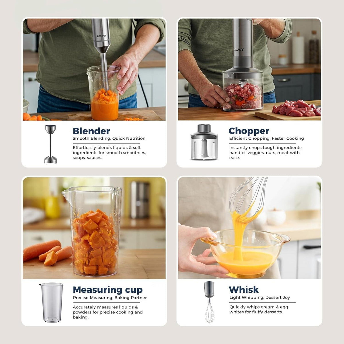 Rouny 4-in-1-Stabmixer PHB8001 – 1200 W – mit 700-ml-Messbecher, Schneebesen und 500-ml-Zerkleinerer – Edelstahl – Sicherheitsverriegelung