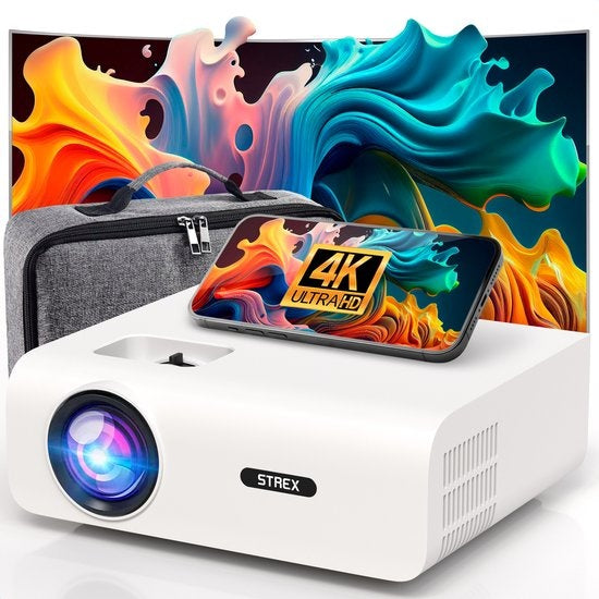 Strex - Beamer - 1080P Full HD - 15000 Lumen - Kabellos - Inklusive Tasche/Projektionsleinwand - WiFi - Bluetooth - Weiß