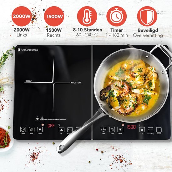 KitchenBrothers Induktionskochfeld - 2 Brenner - Freistehend - 1500W + 2000W - Edelstahl