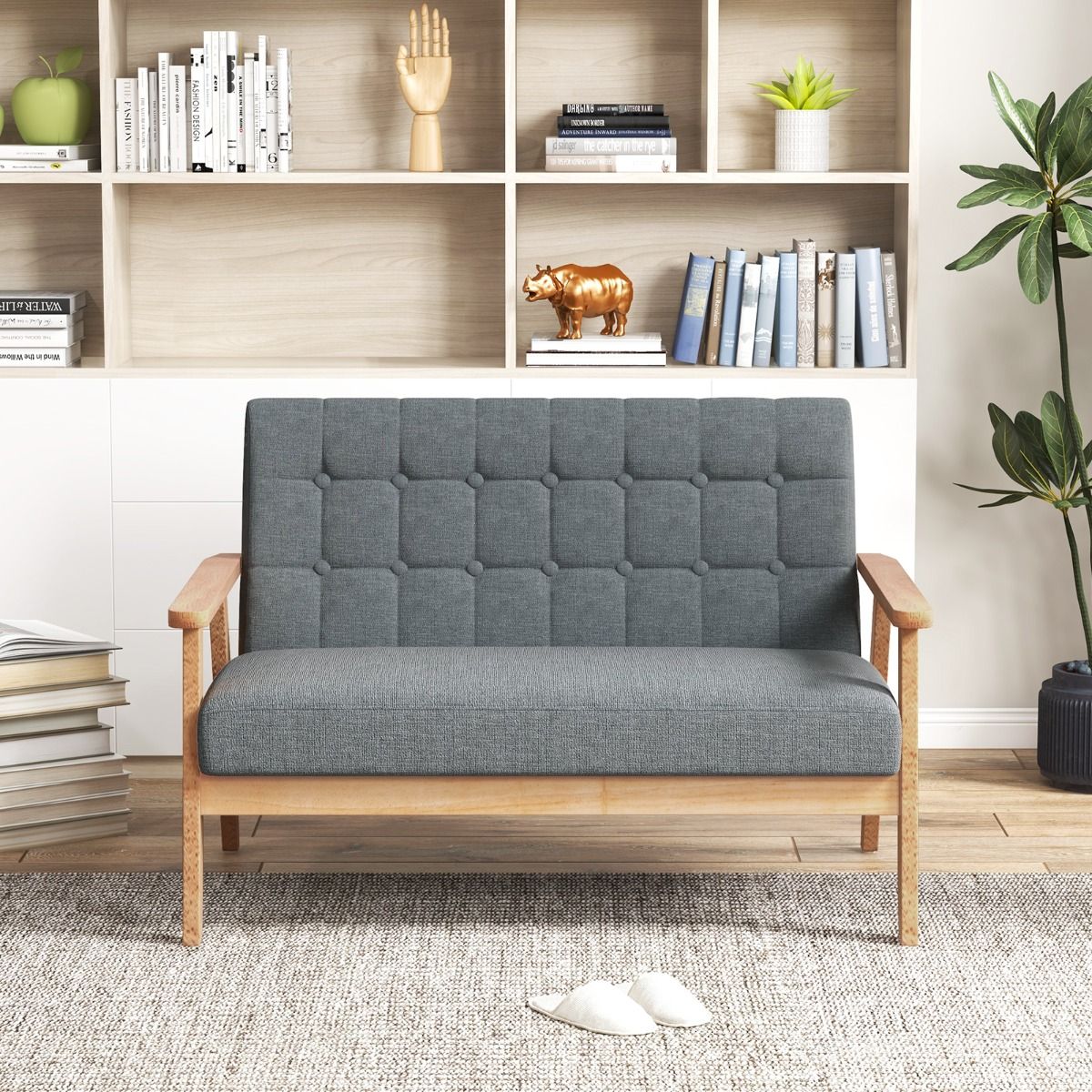 Coast Linen Loveseat 2-Sitzer – Grau – 114 x 72 x 77 cm – Rahmen aus Kautschukholz – Mid-Century-Design