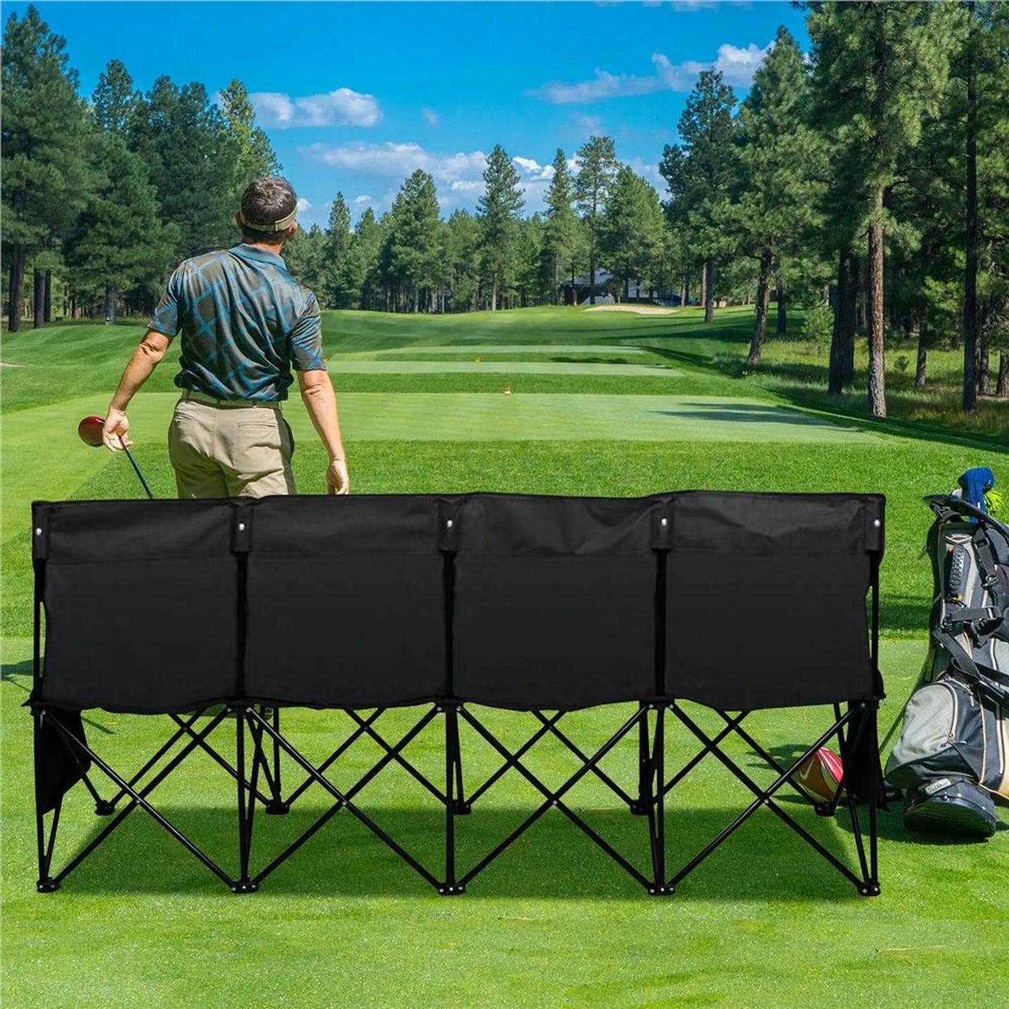 Yaheetech Camping Bank faltbar 4-Personen - 184 x 49 x 82,5 cm - Ausgestattet mit 600D Oxford-Gewebe und Tragetasche und 2 Aufbewahrungsfächer - Für Camping und Sport-Turniere - Schwarz Metall