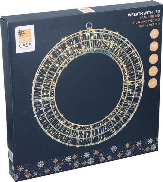 Arti Casa LED-Weihnachtskranz 38cm - Weihnachtsdekoration für Innen und Außen - Mit 480 LEDs und Timer - Weihnachtsdekoration für Tür oder Wand - Weihnachtskranz mit Lichtern - 220-240V