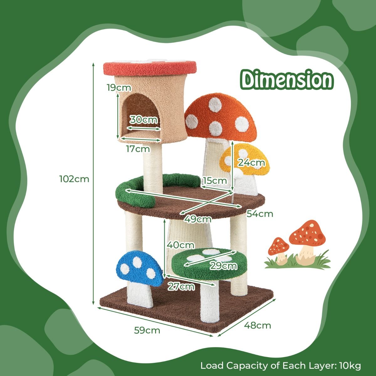 Coast Mehrschichtiger Katzenkratzbaum - Pilzdesign - Interaktiver Spielball - 59 x 48 x 102 cm