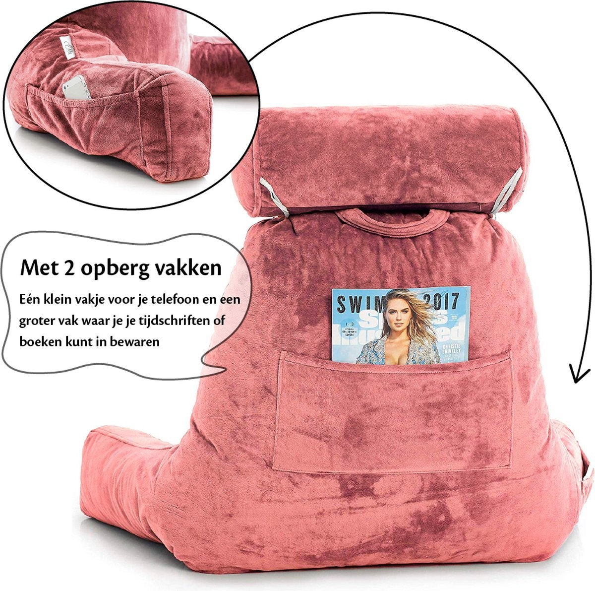 EL Life Lesekissen mit Nackenrolle - Entspannungskissen - Sitzkissen - Stütze für den unteren Rücken - Faulenzer-Lesekissen - Samt korallenrosa