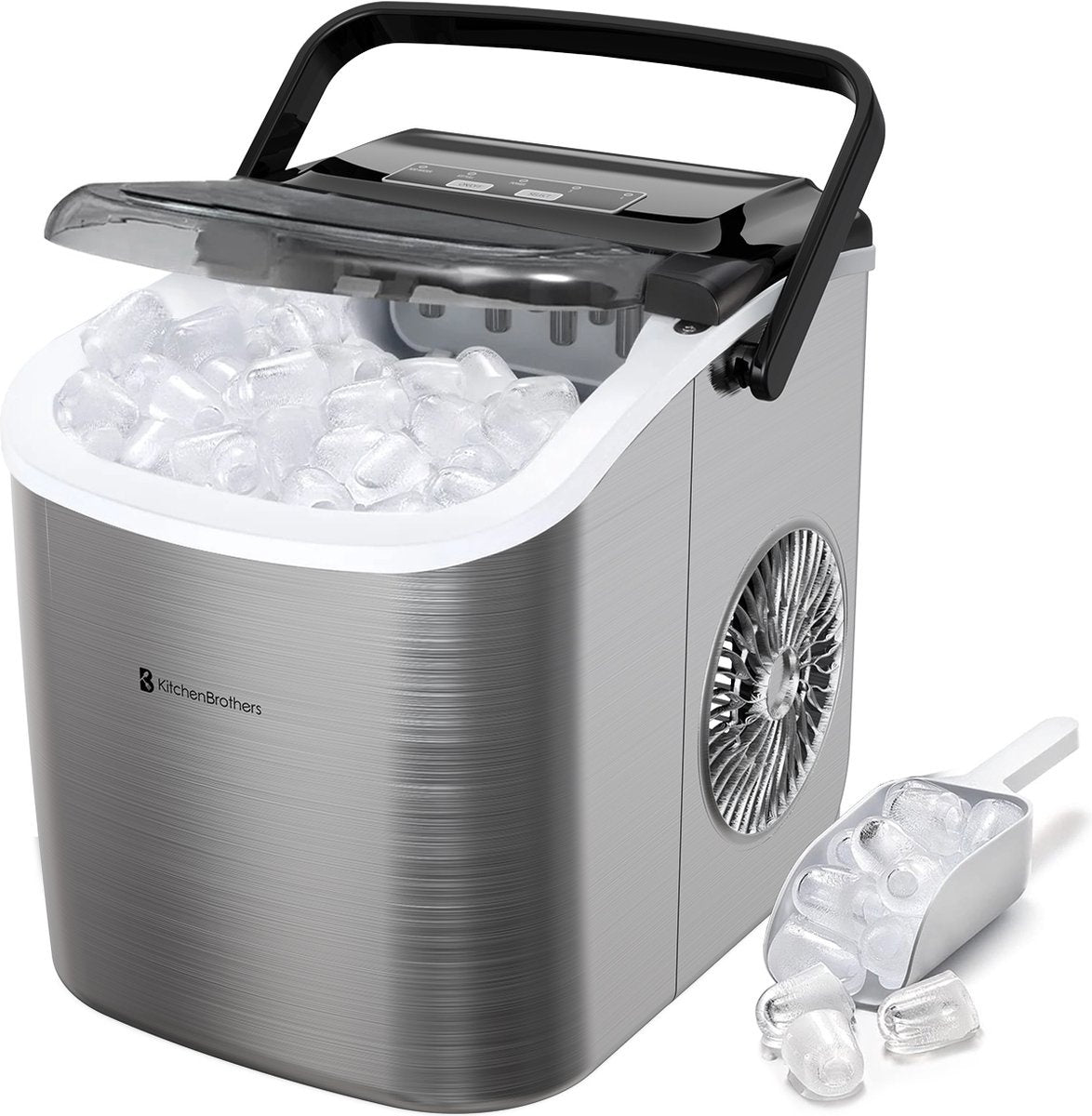 KitchenBrothers Eiswürfelbereiter - 1.2L - 7-10 min. - 12kg/24h - Tragbar mit Handgriff - Eiswürfelbereiter mit Eisportionierer - Edelstahl