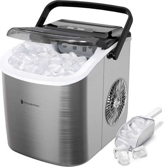 KitchenBrothers Eiswürfelbereiter - 1.2L - 7-10 min. - 12kg/24h - Tragbar mit Handgriff - Eiswürfelbereiter mit Eisportionierer - Edelstahl