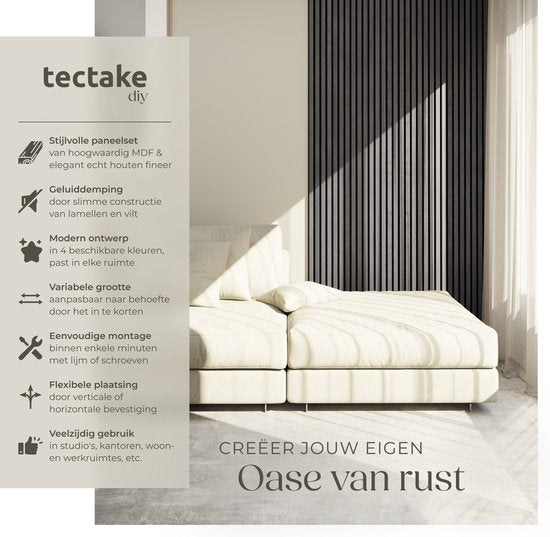 tectake® Akustikplatten – 2er-Set – Akustik-Wandplatte – 60 x 120 cm – 1,44 m² – Wandpaneele mit anpassbarer Größe – Lattenwand aus MDF und Holzfurnier – Schalldämmung – Stilvolle Wanddekoration – Einfache Montage – Schwarze Eiche