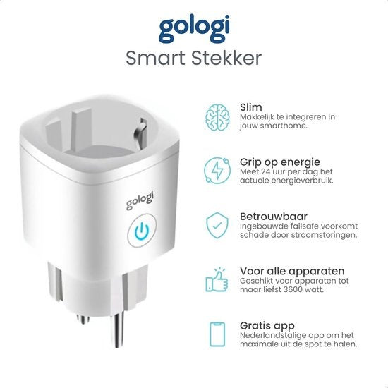 Gologi Smart plug - Smart plug - Zeitschaltuhr & Energiezähler - WIFI - Google Home & Amazon Alexa - 4 Stück - Weiß