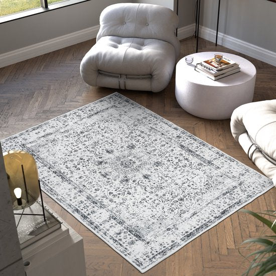 tectake® Teppich im Vintage-Design – Dalia – Kurzflor-Teppich für Wohnzimmer, Kinderzimmer, Schlafzimmer oder Flur – Waschbar – Verschiedene Größen – 120 x 170 cm – grau