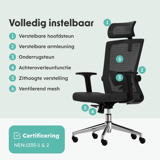 LifeGoods Ergonomischer Bürostuhl - Bürostuhl - NEN und SGS zertifiziert - Erwachsene - Kopfstütze - Schwarz/Chrom