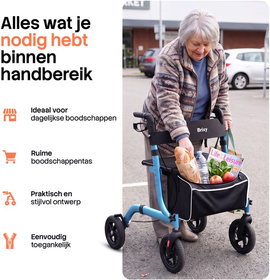 Brixy Rollator – Leicht & zusammenklappbar – 360°-Gummiräder – Sitzfunktion – Für drinnen und draußen – Rückenlehne, Tasche & Gehstockhalter – Blau