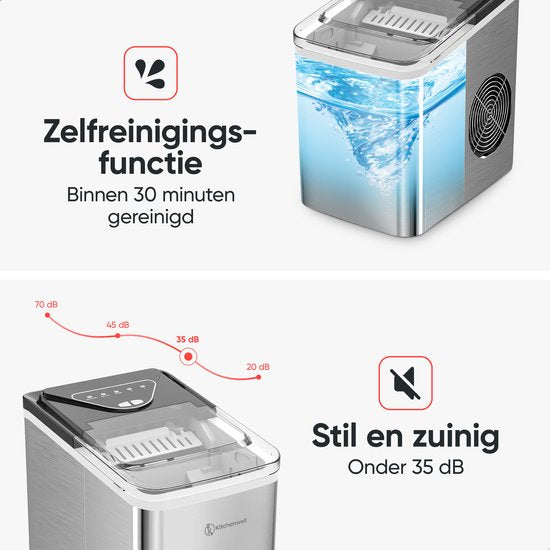 Kitchenwell Eiswürfelbereiter - 2L - 12kg/24 Stunden - Selbstreinigungsfunktion - Silber