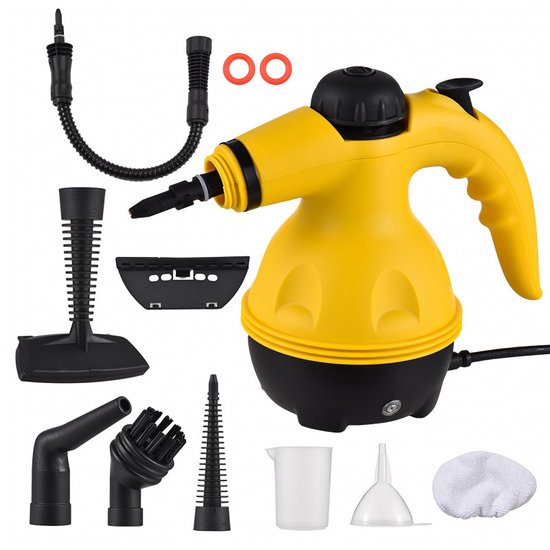 Fuegobird A001 Handdampfreiniger – 1000 W Handdampfreiniger – Fleckenentferner – Teppichreiniger – 9 Aufsätze – Fußböden, Sofa, Teppich, Bad & Küche – 450 ml Tank – Gelb