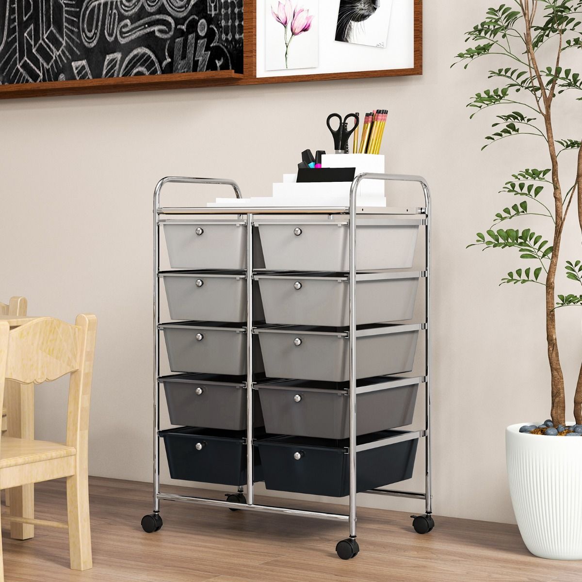 Coast Aufbewahrungswagen mit 10 Schubladen – Metallgestell – feststellbare Rollen – schwarz und grau