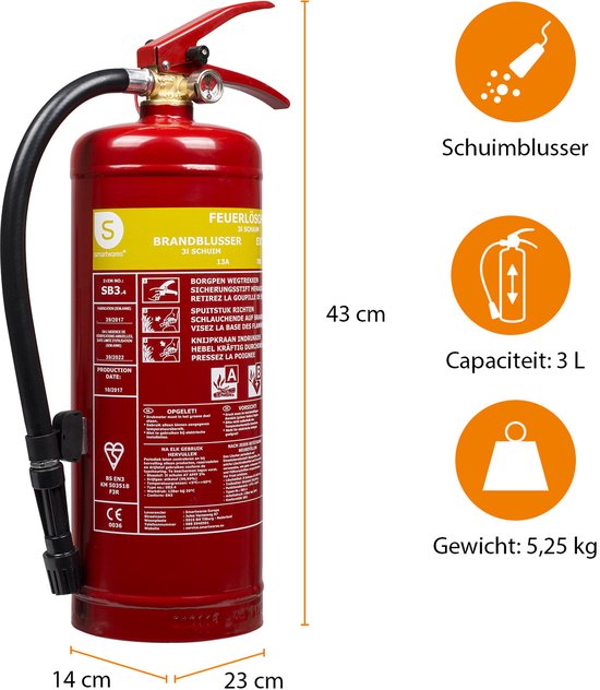 Smartwares FEX-15230 – Schaumfeuerlöscher 3 l – inkl. Aufhängebügel – Brandklassen A und B – BSI-zertifiziert