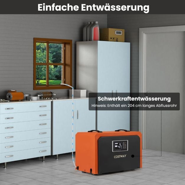 Coast Construction Dryer Orange - Industrieller Luftentfeuchter 60L pro Tag mit Ablassschlauch und 24-Stunden-Timer - 49 x 31,5 x 32 cm