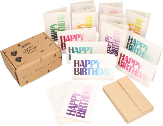 Partizzle 48x Geburtstagskarten mit Umschlag Set - Grußkarten versenden - Geburtstagspostkarten - 15x10 cm - Happy Birthday
