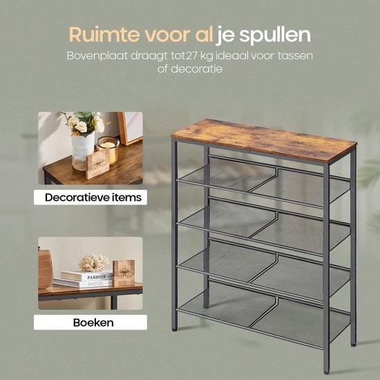 O'DADDY® Schuhregal - 5 Schichten - Schuhaufbewahrungssystem - Schuhregal - Schuhschrank - Schuhschrank - Industriedesign - Braunes Holz - Schwarzes Metall