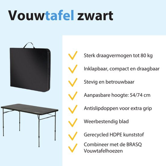 BRASQ Klapptisch, schwarz – 120 x 60 x 74 cm – Campingtisch – Klapptisch – Zusammenklappbar – Wetterfest