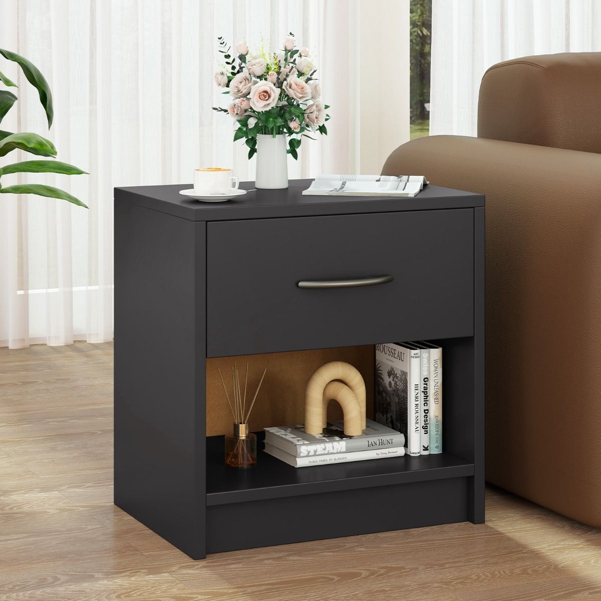 Coast Nachttisch mit Schublade – offenes Regal – kompaktes Design – 38,5 x 28 x 40,5 cm – braun und schwarz