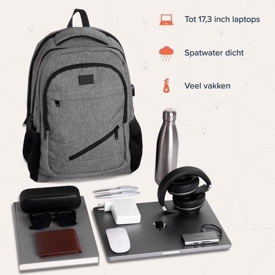 TRVLMORE Rucksack - 36L - 17 Zoll - Laptop-Rucksack - Schultasche - Unisex - Spritzwassergeschützt Grau