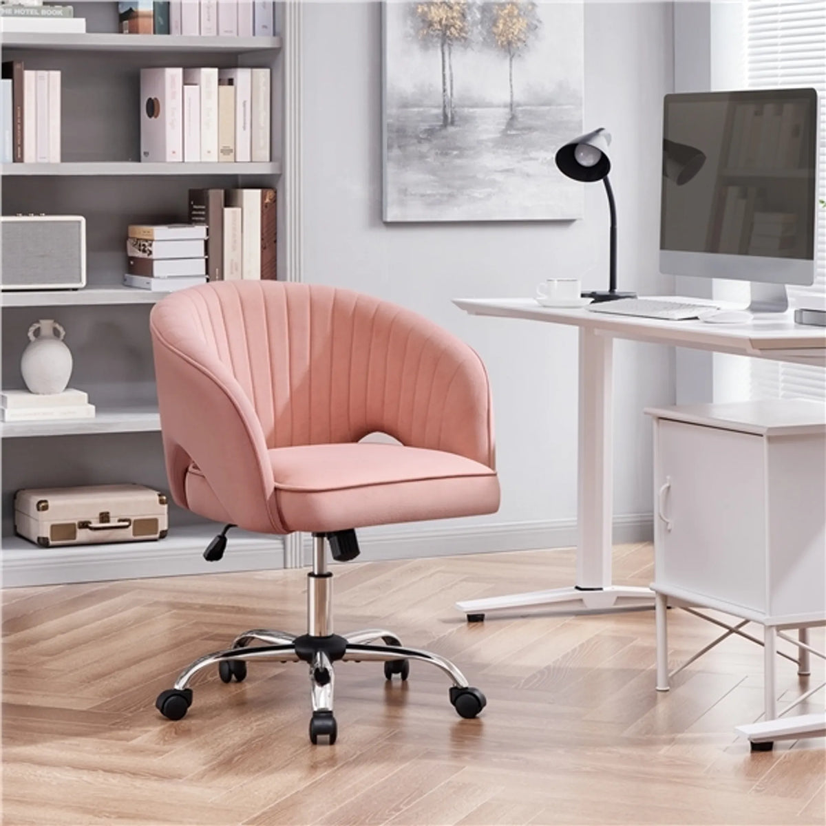 Yaheetech Bürostuhl mit Schaukelfunktion - mit höhenverstellbarem Gaslift und 360° drehbaren Rädern und vertikalem Muster - für Büro und Empfangshalle - rosa Samt und Metall - 60 x 56,5 x 73-83 cm