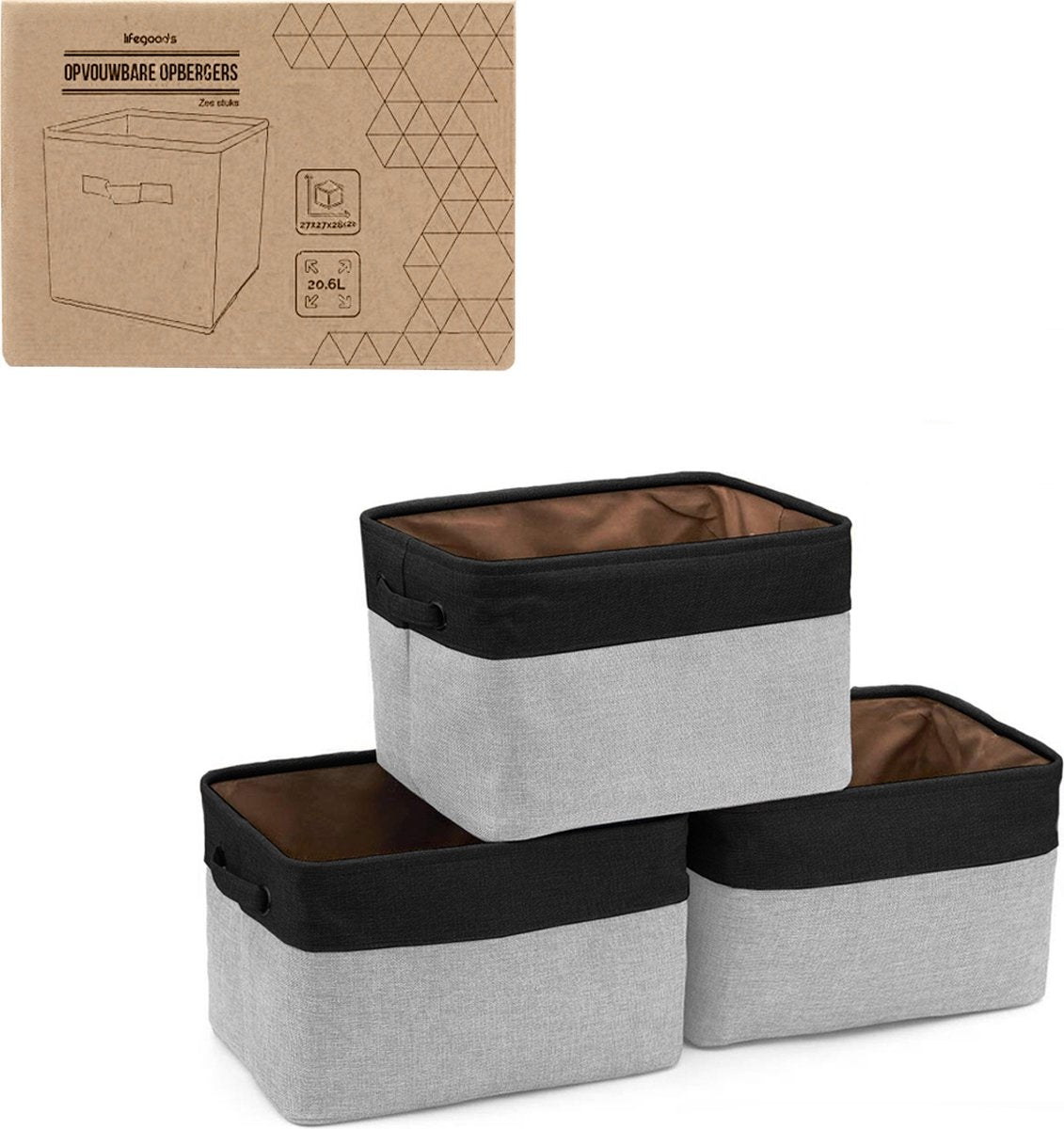 LifeGoods Aufbewahrungskorb - 3 Stück - Kleiderschrank-Organisator - 20 L - Textil - Grau