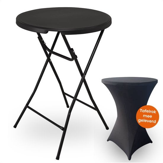 Goliving Bartable - Inklusive Bartable-Hülle - Tischschürze - Zusammenklappbar - Stabiler Partytisch - Für den Innen- und Außenbereich - Belastbarkeit 50 kg - Ã˜80 x 110 cm - 8,5 kg - Schwarz