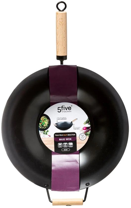 5Five Wok-/Snack-/Bratpfanne – Professional – mit Antihaftbeschichtung – Metall/Holz – D35 x H16 cm – Küchenpfannen – für alle Wärmequellen außer Induktion