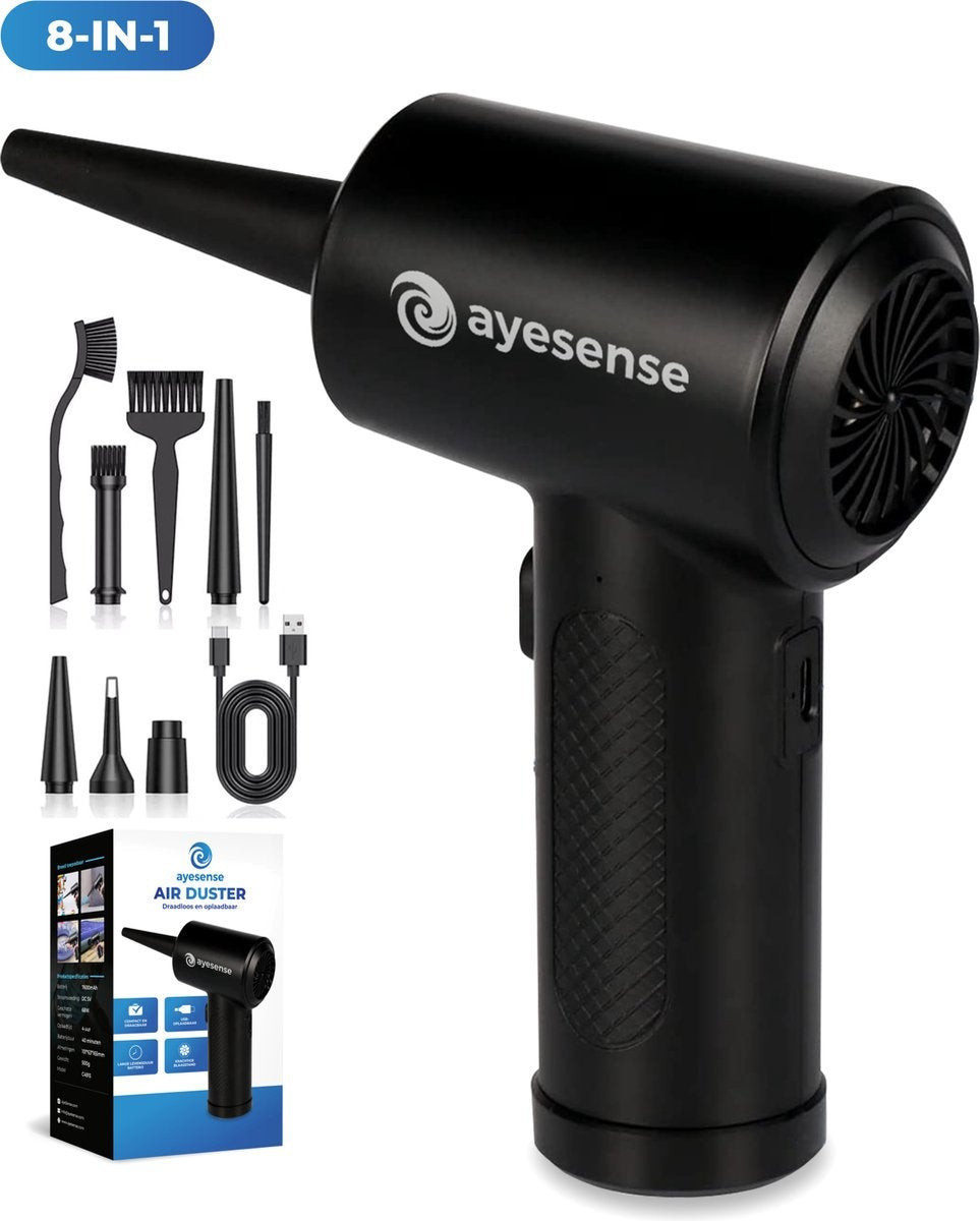 AyeSense Air Duster Pro - 8 Aufsätze - kabellos & wiederaufladbar - 52.000 U/min - Druckluft-Staubreiniger - Druckluft