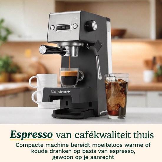 Cuisinart Slim Espresso-Kolbenmaschine für Espresso Americano und Cold Brew mit integriertem Milchaufschäumer für Latte und Cappuccino, 15 bar Druck, Portafilter ohne Boden, kompaktes Design, geeignet für Reisebecher, 1,5 l Wassertank