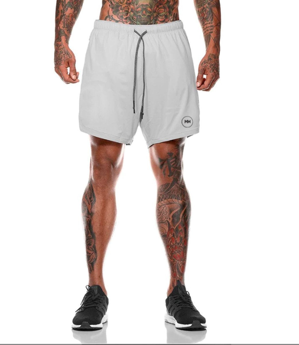 MWÂ¬Ã† - Sportbroek Heren - Fitnessbroek - Sportkleding - 2 in 1 Shorts - Hardloopbroek (Grijs - S)