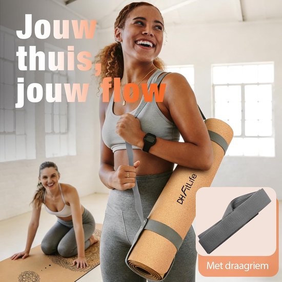 DH FitLife Yogamatte aus Kork – Mandala Harmony – 183 x 61 cm – 6 mm – Mit Tragegurt
