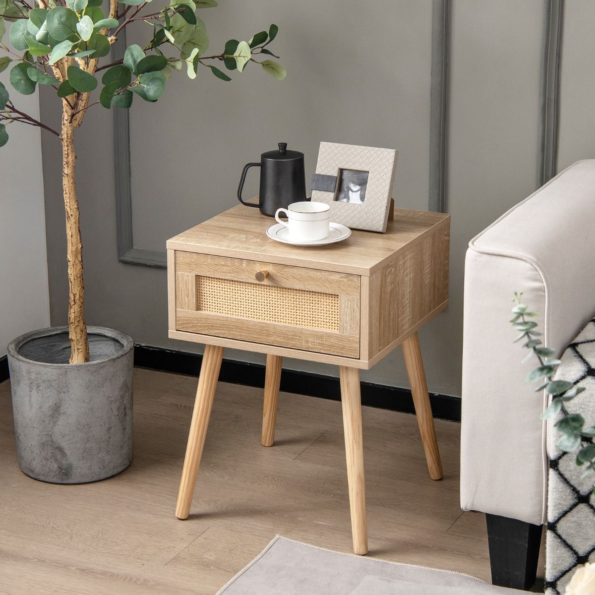 Coast 2er-Set Rattan-Nachttische – mit Schublade – Beine aus Massivholz – Eiche natur – 40 x 40 x 55 cm